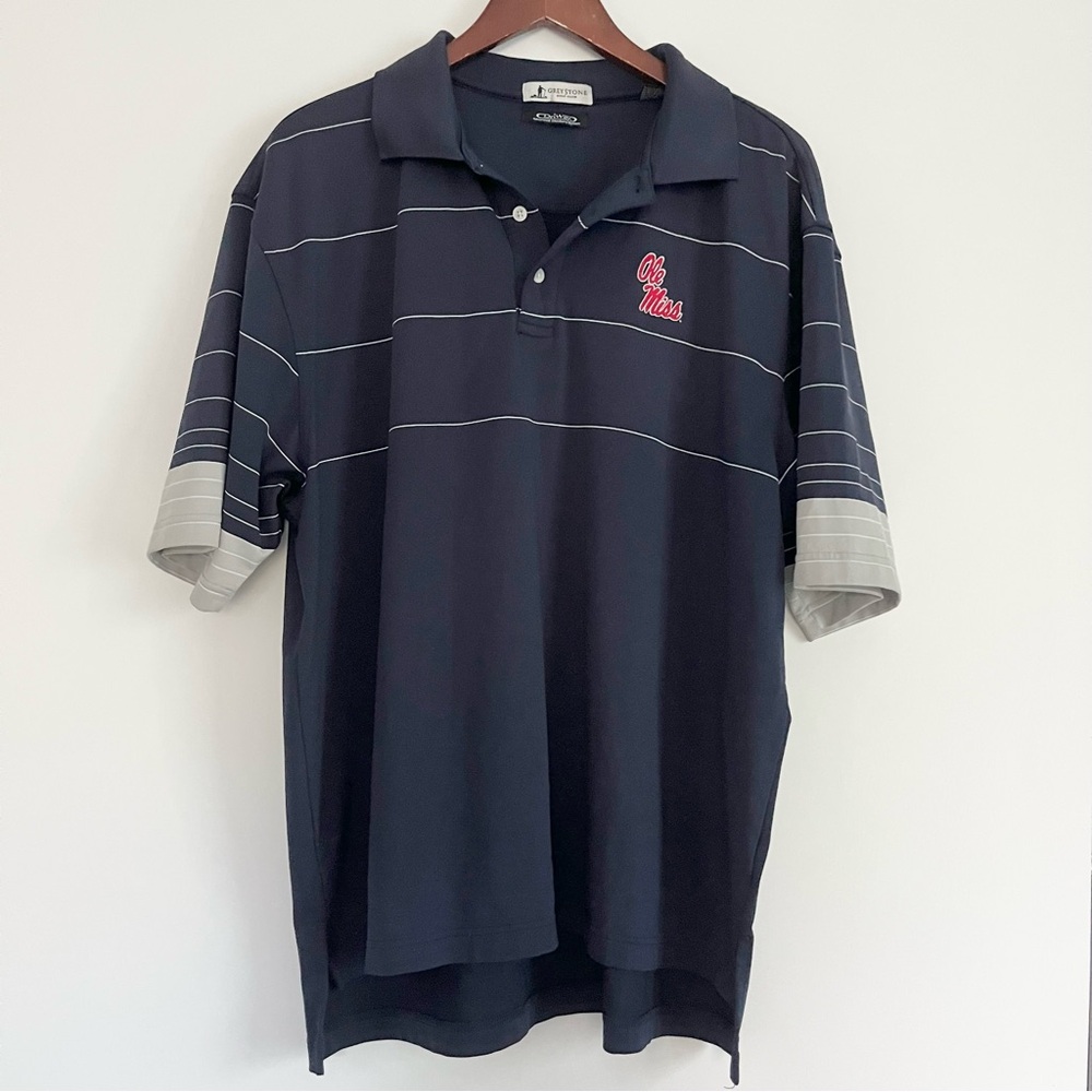 Greystone Golf Club Ole Miss Navy Blue Striped Mens Polo XL Driway Moisture Wick